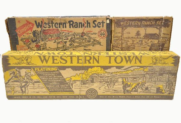 Boxed Marx Western Playsets: Small western ranch set, incomplete with nice original box; Western Ranch set, appears complete, building has been flattened, box is worn; No. 4229 Western Town playset, appears mint in ob with insert