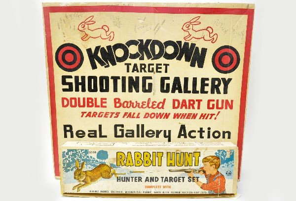 Boxed Marx Target Sets: No. 2356 Rabbit Hunter, includes rabbit target, shotgun and one of 3 darts, ob with insert; large Knockdown Target Shooting Gallery, which is litho tin 29" square, includes reset pole but missing gun 