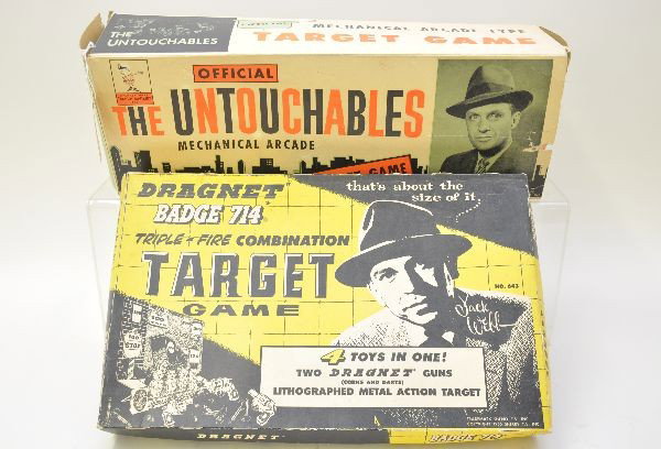 Dragnet & The Untouchables Toys: Marx The Untouchables mechanical arcade, gun appears functional, missing front wire foot and ammunition, shows moderate playwear, C6; Knickerbocker, Dragnet target game, unusual, appears complete with