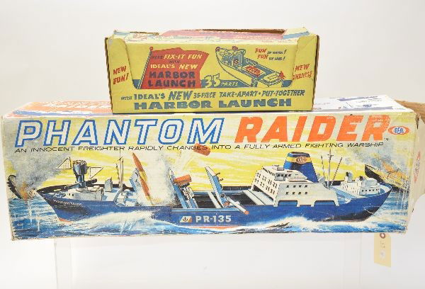 Boxed Ideal Boats: 4713 Fix It Harbor Launch, appears unbroken, has some accessories and display box; 4335-5 Phantom Raider, battery operated, plastic, 28" long, includes 2 missiles and all masts, battery operated. This