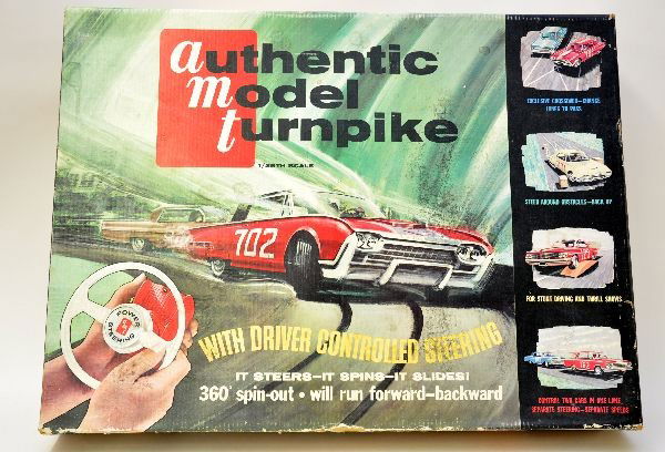 Boxed AMT Slot Car Set: Set No. TR-100, in 1/25th scale, includes a square body Thunderbird, appears complete and unused with original instructions and paperwork, a little dirty from display, osb with inserts, top shows wear