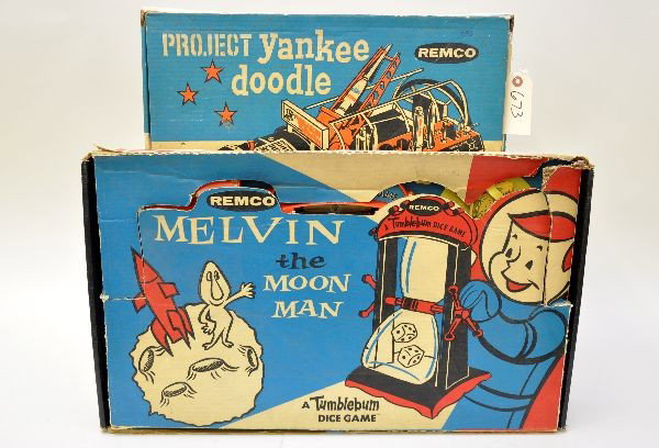 Boxed Remco Space Toys: No. 821 Melvin the Moon Man Game, unused with beautiful space themed game board, appears to be missing one figure; 204 Project Yankee Doodle Secret Rocket Test Center, unbroken for a change, with orig