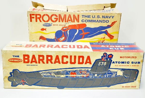 Boxed Remco Military Toys: 714 Frogman US Navy Commando, appears complete with instructions display insert and accessories, battery operated; 718 Barracuda atomic sub, 35" long clear plastic top is warped as usual, missing acce