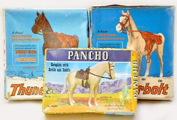 Boxed Johnny West Horses: Marx 1061B Poncho, complete with instructions; 2061A Blonde Thunderbolt, 2061C brown Thunderbolt. All have instructions and worn ob's. Like new, C8
