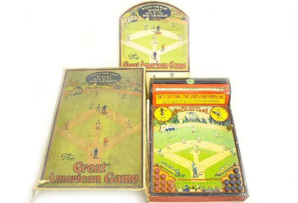 Early Boxed Baseball Game: Frantz Mfg. Co., Illinois, 13" tin game board with wooden markers, nice vintage graphics, original box, top is worn. Otherwise, shows light playwear, C7+