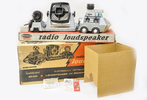 Boxed Remco Mobile Loudspeaker: As good as it gets, unused in original box with all inserts, 25" long, even has the Burgess batteries still in package. Mint C9-10 for condition/operational report, please call or email so Mark can gi