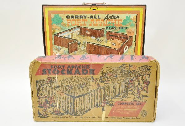 Marx Fort Apache Playsets: Carry-All Set in tin suitcase style set, has many pieces figures and vac-u-form piece still attached but worn, outside of case needs a cleaning; 3616 Fort Apace Stockade Set, has major component piece