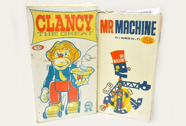 Boxed Ideal Mr. Machine & Clancy: 4484-7 Mr. Machine, early version with bell, mechanism not functional at time of test, includes original wrench, instructions and scarce display insert. 4817-3 Clancy the Great, battery operated with