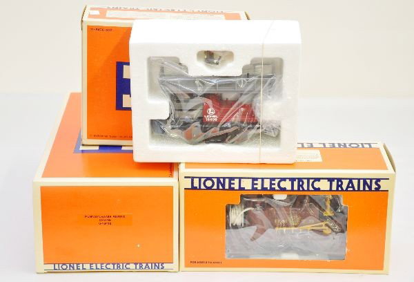 Boxed Lionel Motorized Units: 18410 PRR burro crane, 18406 maintenance car, 18379 PRR fire car. All are unused with original boxes and inserts, C9+
