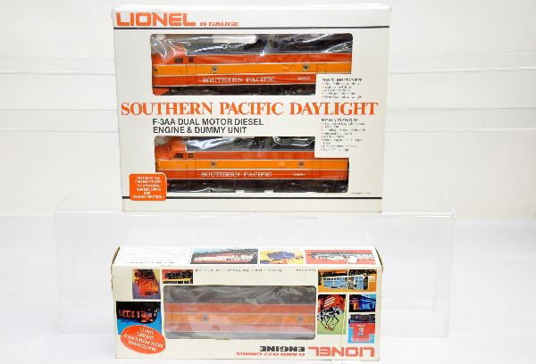 Lionel 8260, 61 & 62 SP ABA Diesels: Beautiful SP Daylight diesels which can mate with the passenger cars in the previous lot. These engines have dual motors and diesel horns and are unrun with clean original boxes, C9