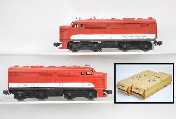 Boxed Lionel 210 TS Alco AA Diesels: Clean and matching uncataloged Alcos, cowls are intact with nice original boxes (trailer has some stains). Engines show light to moderate playwear and should clean to C7+