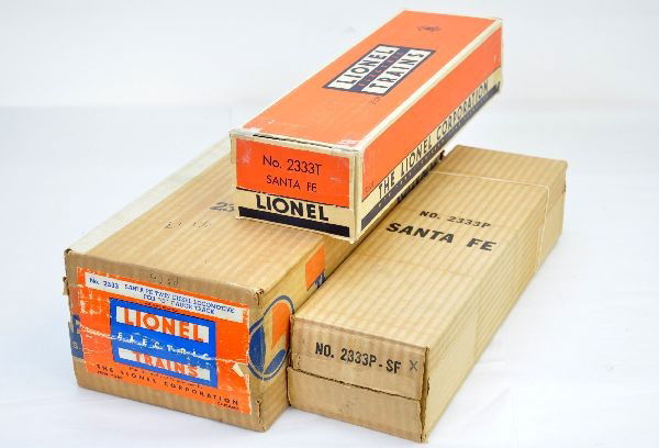 Empty Lionel Boxes for 2333 Santa Fe: Includes 2333P-SFX with insert, crisp but open both sides; 2333T with insert, clean but some taped flaps; 2333 master carton, clean and square, some wear to label but bright.