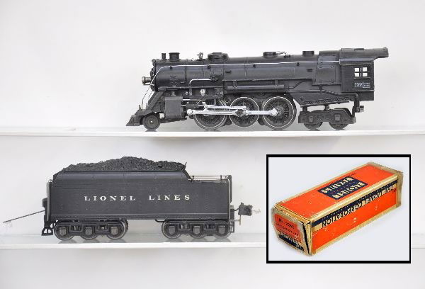 Lionel 226E Hudson Loco: Pre-War, circa 1940. Loco is clean with nice patina and bright side rods, has rough ob; 2226W die cast tender with high box coupler, matches loco nicely. Both show light playwear, C7+