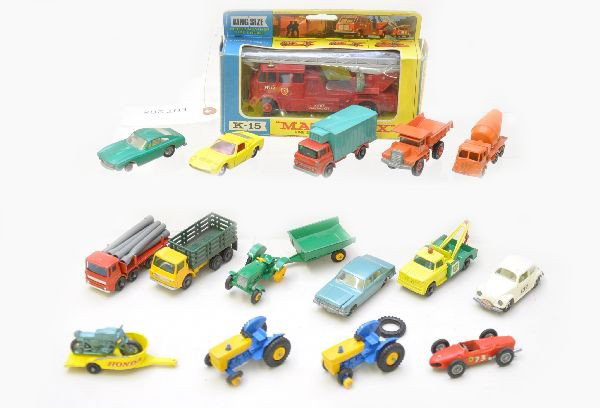 Matchbox Lot: Boxed King Size K-15; 2 #39 tractors; 33 Lamborghini; 75 Ferrari; 53 Ford Zodiac; 73 Ferrari; pipe truck; 28 Mack truck; 44 refrigerator truck; 15 Volkswagen Bug,; 4 stake truck; 13 Dodge BP wrecker; 