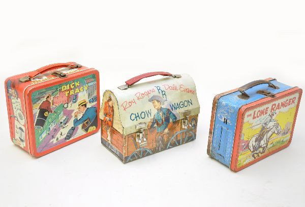 Vintage Lunchbox Lot: Adco-Liberty Lone Ranger box, several rust spots; 1967 Dick Tracy; Roy Rogers Chow Wagon dome lunchbox by Thermos, added lining, bottom heavily scratched. Boxes show moderate to heavy wear.