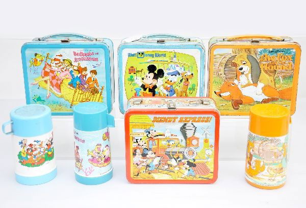 Disney Themed Lunch Boxes: All are by Aladdin Industries. Walt Disney World 1972; Disney Express 1979, missing handle; Bedknobs & Broomsticks 1972 with plastic thermos; Fox and the Hound 1981 with plastic thermos; extra Disney