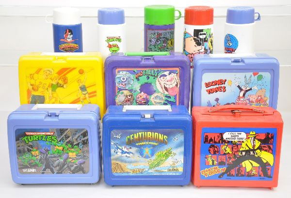 Plastic Lunch Box Lot: Mad Balls 1986 with thermos; Teenage Mutant Turtles 1989 with thermos; Dick Tracy 1989 with thermos and store tag, latch has rust; Looney Tunes 1989 with thermos; Centurions 1986 with thermos; sports