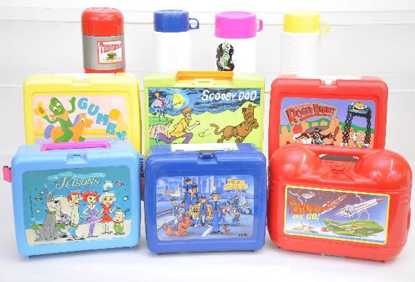 Plastic Lunch Box Group: Scooby Doo; 3D Jetsons with thermos; Thunderbirds with thermos; Gumby with thermos; Police Academy with thermos; Roger Rabbit. All show light to moderate wear, but may clean nicer.
