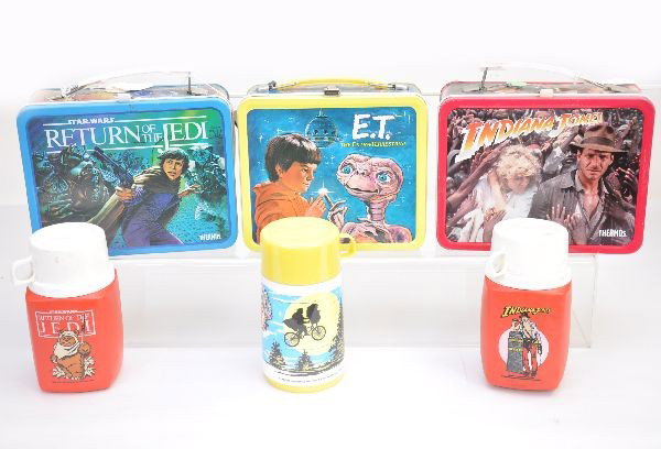 Movie Themed Lunch Box Lot: Indiana Jones and the Temple of Doom, Thermos Industries 1984 with plastic thermoses; Star Wars Return of the Jedi, Thermos Industries 1983 with plastic thermos; ET, Aladdin Industries 1982 with origi