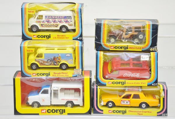 Boxed Corgi Vehicles: 431 Vantastic, 405 milk truck, 441 Jeep showing light playwear and taped box (C8), 423 Rough Riders van, 437 Coca Cola van, 327 Chevrolet Caprice taxi. Otherwise, all have original boxes with display 