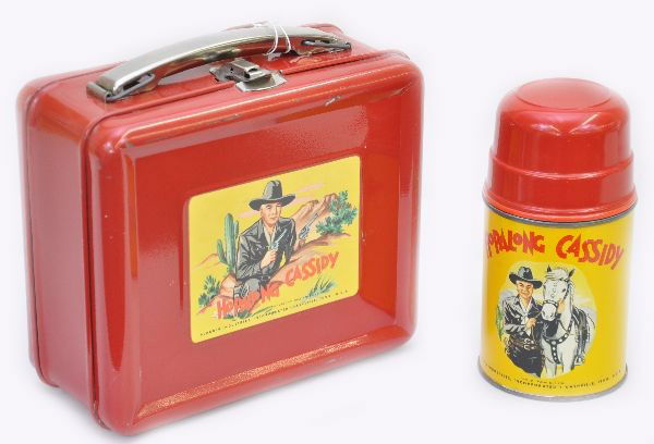 Scarce Hopalong Cassidy Lunch Box: One of the nicer examples of the box that we have seen. Aladdin Industries 1950, clean and shiny with beautiful label and scarce original metal thermos with dome cup. Shows a bit more than light wear