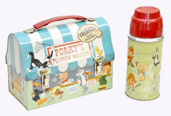 Early Porky's Lunch Wagon Lunch Box: Nice example of this 1959 Thermos Industries dome lunch box. Still retains its original price sticker, litho shows all the Looney Tunes characters, feet partially exposed, and includes the dome thermo
