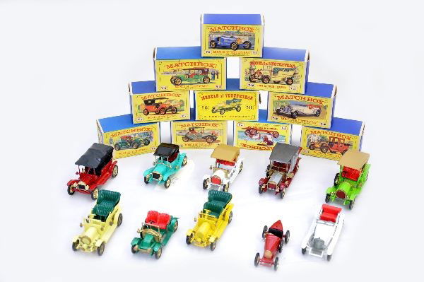 Boxed Matchbox Models of Yesteryear: Y11 Packard, Y1 Model T Ford, Y4 Opel, Y2 Renault, Y14 Maxwell, Y16 Spyker (light yellow), Y10 Mercedes, Y9 Simplex, Y10 Spyker (dark yellow), Y6 Bugatti. Cars have minor dust from display but show ve