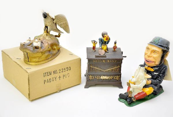 Book of Knowledge Banks Plus: Organ bank, eagle & eaglets missing trap. Plus Classic Iron Paddy and the Pig with an original box. Otherwise, shows light playwear, C8+