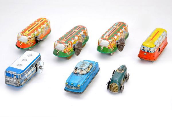 Platform Toy Vehicles: Here is your chance to complete your platform toys. Most are probably Teknofix. Includes 3 open roller coaster cars, two are functional, tram functional, Greyhound bus functional, automobile functiona