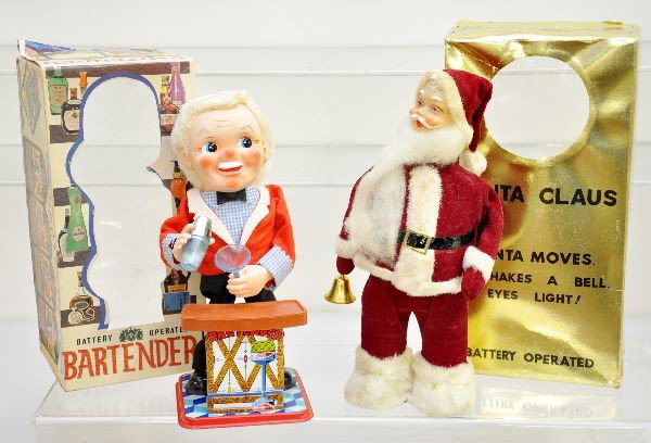 Boxed Battery Operated Toys: TN Japan bartender and bell ringing Santa. Both have clean battery boxes but are untested. Both have nice original boxes, Santa has worn original sleeve as well. Both show light playwear, C8 For Opera