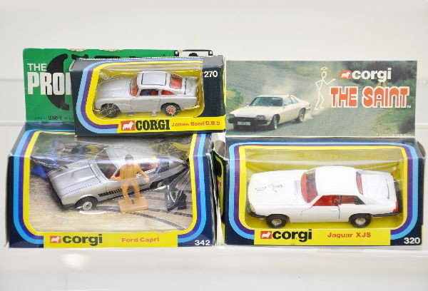 Boxed Corgi Character Vehicles: 270 James Bond Aston Martin, 320 The Saint Jaguar and scarce 342 The Professionals, Ford Capri with figures. All are unused in display inserts with original boxes, C9-10