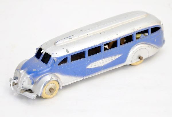 Tootsietoy Greyhound Bus: Largest of the pre-war buses with white rubber tires. Clean showing light to moderate playwear, C7-