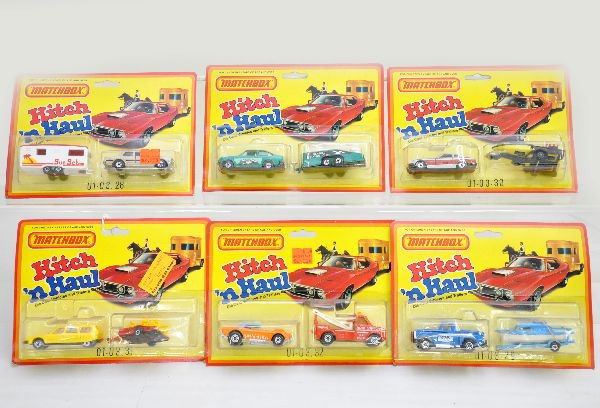 6 Matchbox Hitch n' Haul 2 Packs: Circa 1982. No. 28-32 and one unnumbered. All vehicles are sealed on cards C10