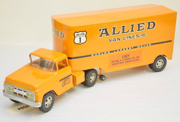 Tonka Allied Moving Van: 1960 Allied truck, trailer has nice original decals and shows light playwear. Tractor has a restored 1963 cab only, painted to match nicely. Trailer is C8-