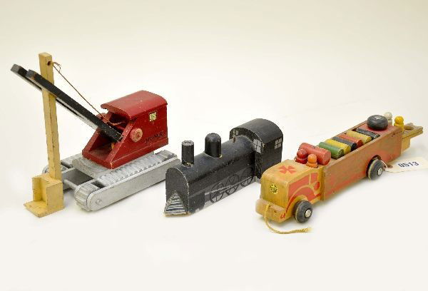 3 Early Unusual Wooden Toys: Noma steam shovel, 14" Holgate fire truck, unmarked steam engine. All show moderate playwear, C6-7