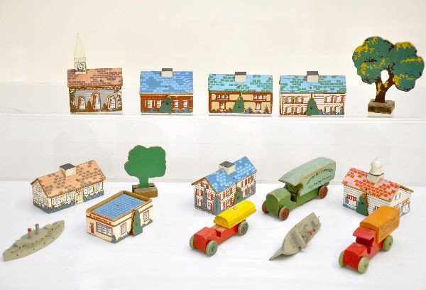Keystone Village Playset: Includes 8 buildings, 2 trees, 3 vehicles (largest is 5"), and two wooden boats that may not be Keystone. All have nice color and show light to moderate playwear, C7+