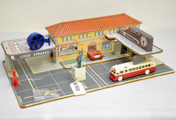 Scarce Keystone Bus Terminal: This is one of the tougher Keystone pieces to find. This example is clean and bright, base measures 23" x 14 1/4", includes scarce original bus, police officer, air pump and operating record speaker, 