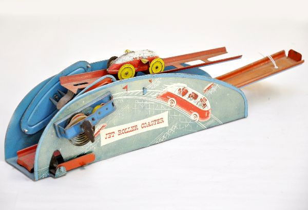 Wolverine Jet Roller Coaster: Early litho tin pressed steel toy with original car, mechanism is functional but needs some adjustment for smooth operation, faded one side and shows moderate playwear C5-6