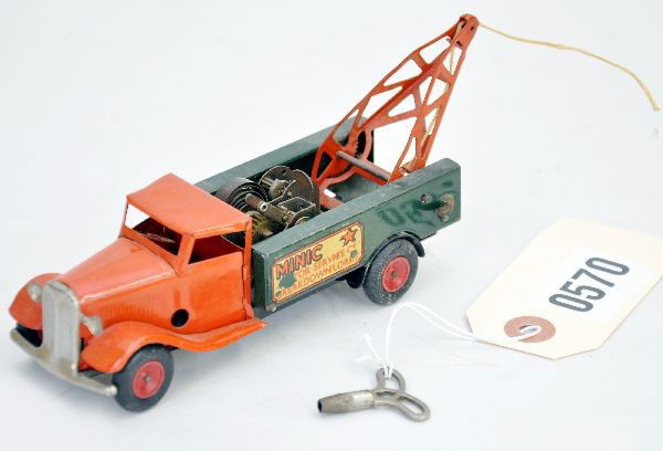 Minic Break-Down Lorry: Great wind-up toy, both mechanisms functional with one key, missing hook, decals are 95%, toy shows light to moderate playwear, C7