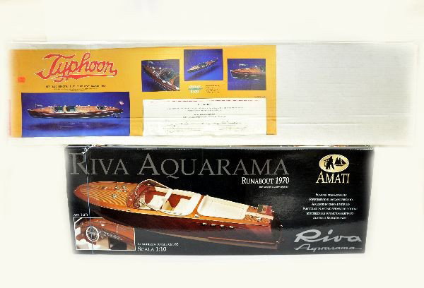 2 Large Boxed Wooden Boat Kits Plus: Amati #1603 Riva Aquarama 1970 runabout, 1:10 Scale. Plus, Nord Cap brass fittings set; Dumas 1239 Typhoon, 42" long. All have original boxes and appear complete but are not guaranteed.