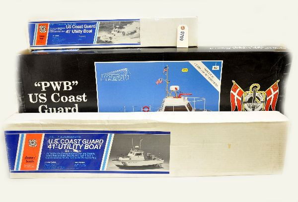 3 Boxed Coast Guard Boat Model Kits: Dumas 1216, 41' utility boat 15 1'2" long; Dumas 1214 41' utility boat, 31"; Laser Cut 422 PWB, box 33" long. All have original boxes, are unbuilt and appear complete but are not guaranteed.