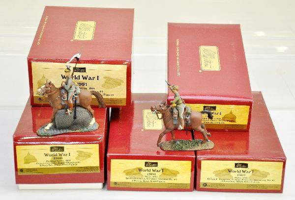 Boxed Modern Britains WWI Soldiers: 17834 mounted Ninth Lancer, 17674 mounted German Hussar, 23006 Cuirassier Bugler, 17991 Mounted German Uhlan, 17807 British 4th Battalion First Royal Fusiliers. All are new in box with inserts, C10