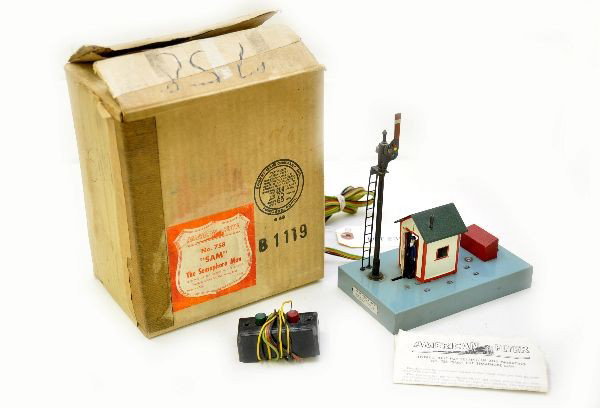 Nice Boxed American Flyer 758: S-Gauge. Sam the Semaphore Man, clean with tougher gray base & black roof, controller, instructions, box with inserts. Shows light playwear, C8