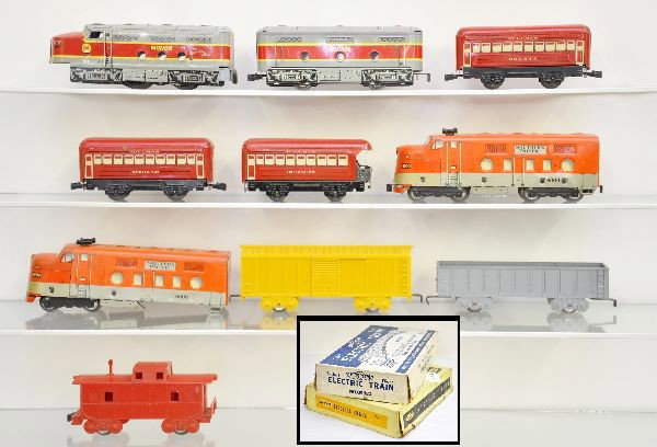 Boxed Marx Sears Sets 09632 & 9624: 09632 is the decal set and includes 6000 SP F7 AA diesels, gondola with some melt marks inside, boxcar, caboose, worn but unused decal sheet, track & transformer. Set 9624 includes 81 Monon F7 AB dies