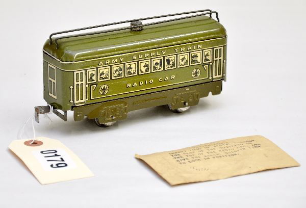 Nice Marx Military Radio Car: Clean and shiny, original antenna still in envelope. Shows light playwear, C8