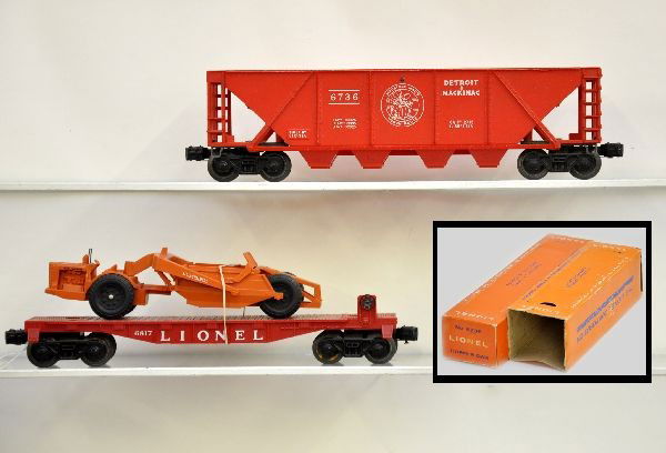 Boxed Lionel Freight Cars: 6817 flat with scraper, scarcer version with windshield but has repaired coupling pin and missing stack tip, perf ob is missing flaps one side; 6736 D&M quad hopper with perf ob. Otherwise, shows ligh