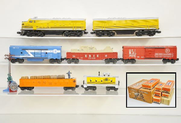 Nice Boxed Lionel Set 2291W: One of the nicer original owner sets we have seen. 2379 Rio Grande F3 AB diesels, fairly clean with matching graphics, battery box is clean; 3530 generator car, toughest variation, long stripe, blue t