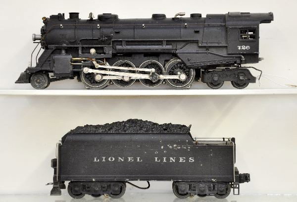 Lionel 1946 No.726 Berkshire: Clean with nice lettering, smoke bulb version, 2426W die cast tender with rough ob. Both show moderate playwear, C6