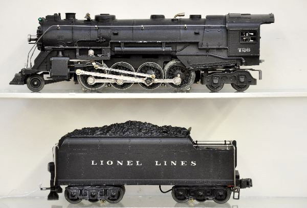 Clean Lionel 1946 726 Berkshire: Silver rubber stamped cab lettering with smoke bulb, some paint wear on stack, nice patina; 2426W die cast tender, some sticker residue on frame, frame paint chipped near draw bar. Otherwise, shows li