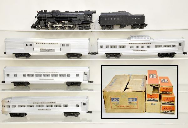 Boxed Lionel Passenger Set 2222WS: Circa 1954. 646 Hudson loco, heat stamped lettering; 2046W tender, scarce 2530 large door baggage, 2532 Range Vista Dome, 2534 Bluff Pullman, 2531 Dawn Observation, missing rear door. Nice matched set